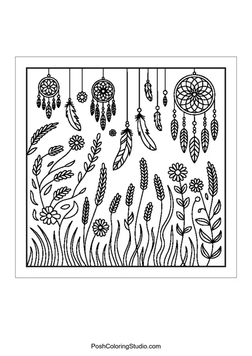 A field of flowers with dreamcatchers and feathers.