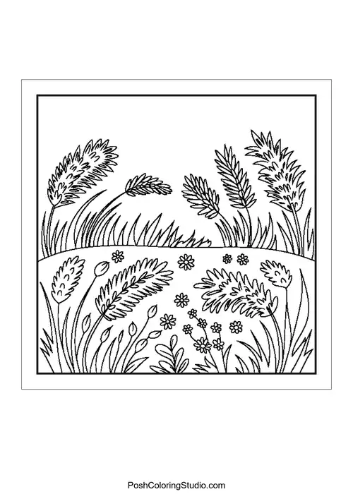 A grassy area with flowers and a small pond.