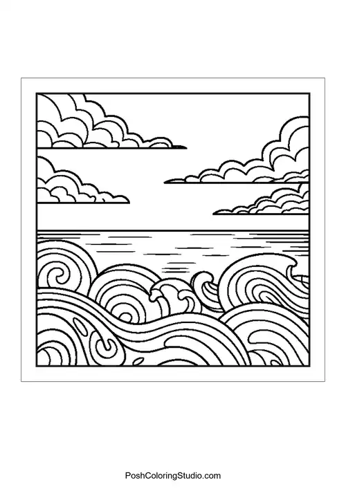 Waves and clouds in a stylized ocean scene.