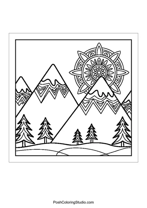 Mountains with a sun and trees in the foreground.
