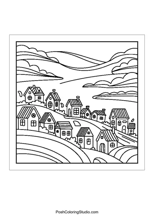 A village scene with houses on rolling hills.
