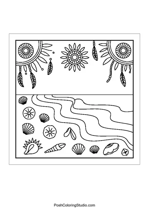 Seashells and sun motifs along a sandy beach.