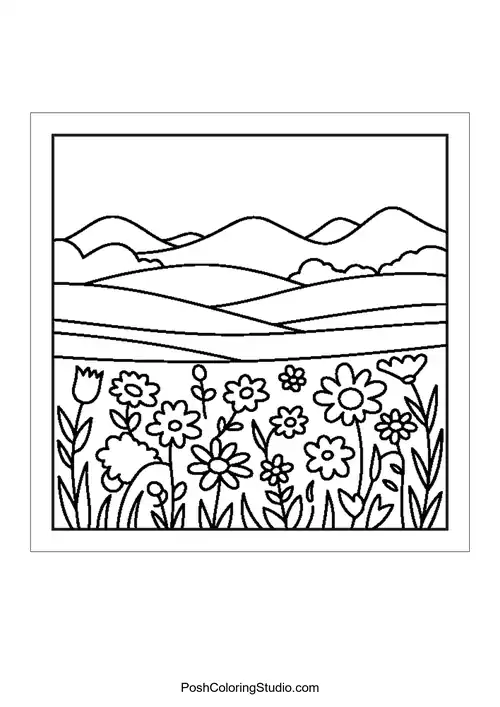 A field of flowers with rolling hills in the background.