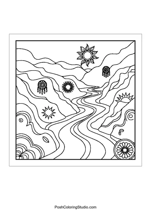 A winding river through a stylized landscape.
