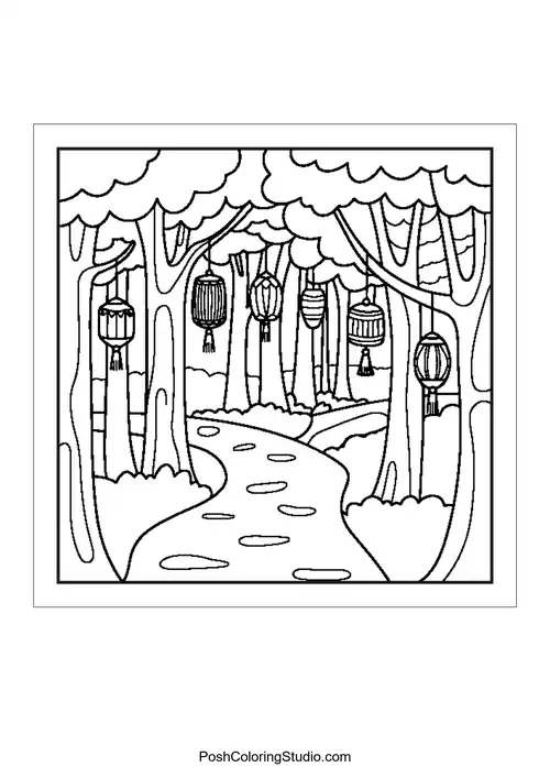 A forest with tall trees and a crescent moon.