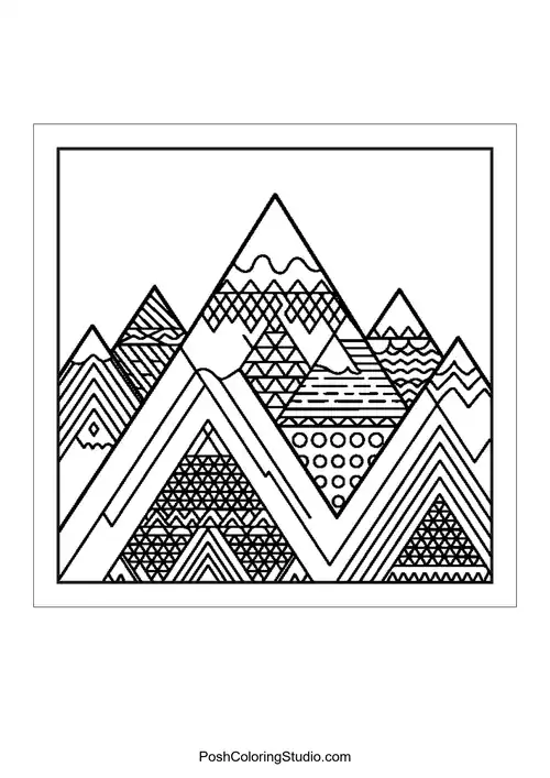 A mountain range with geometric patterns and lines.