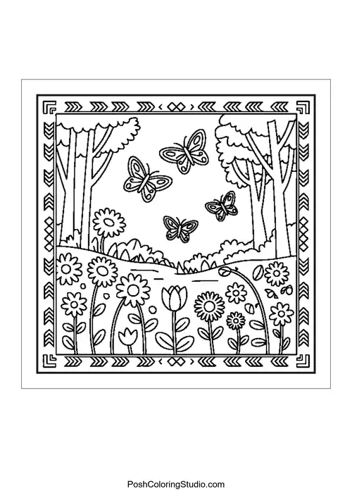 A forest scene with trees and a winding path.