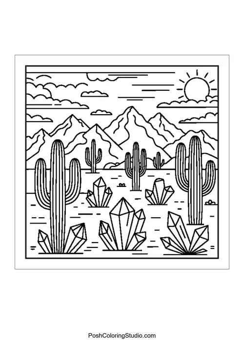 A mountain landscape with clouds and a sun rising.
