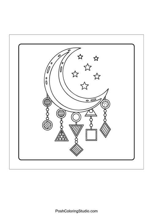 A crescent moon with stars and a face.