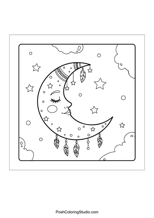A crescent moon with hanging beads and feathers.