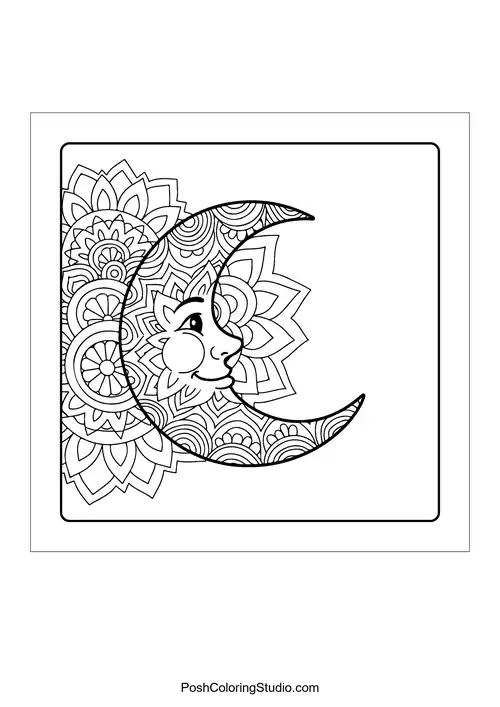 A crescent moon surrounded by floral designs.