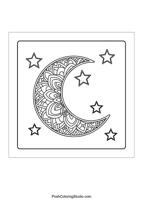A crescent moon with stars and arrows.
