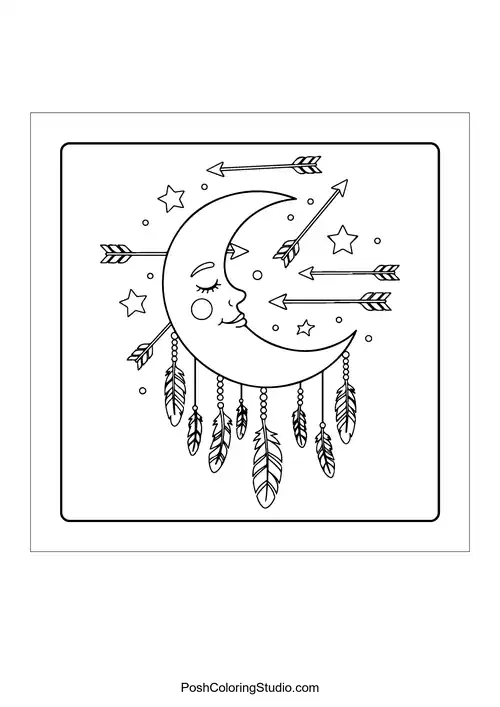 A crescent moon with a face and floral patterns.