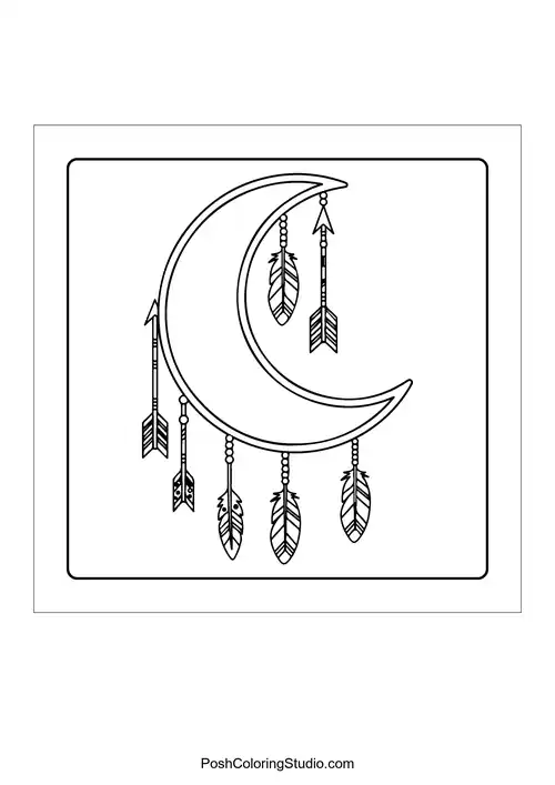 A crescent moon with geometric shapes and stars.