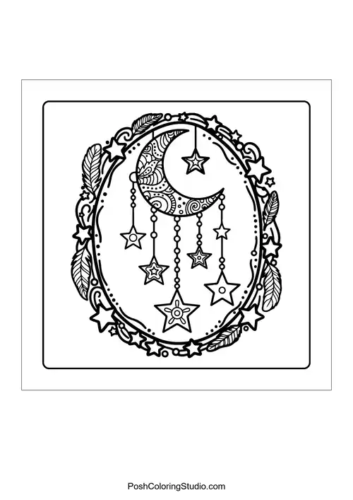 A crescent moon with feathers and hanging charms.