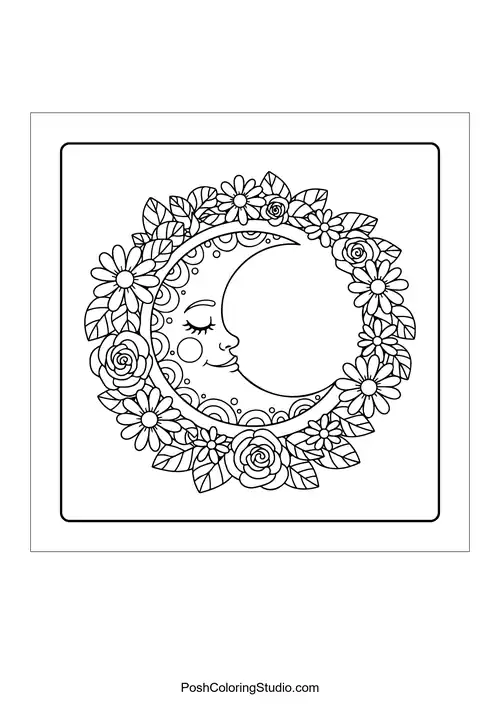 A crescent moon with intricate patterns and stars.