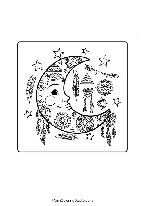 A crescent moon with floral designs and hanging beads.