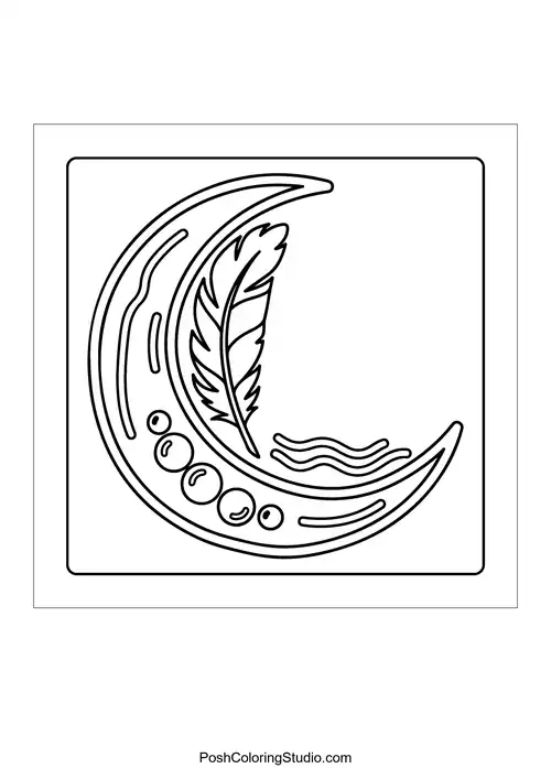 A crescent moon with a face and feathers.