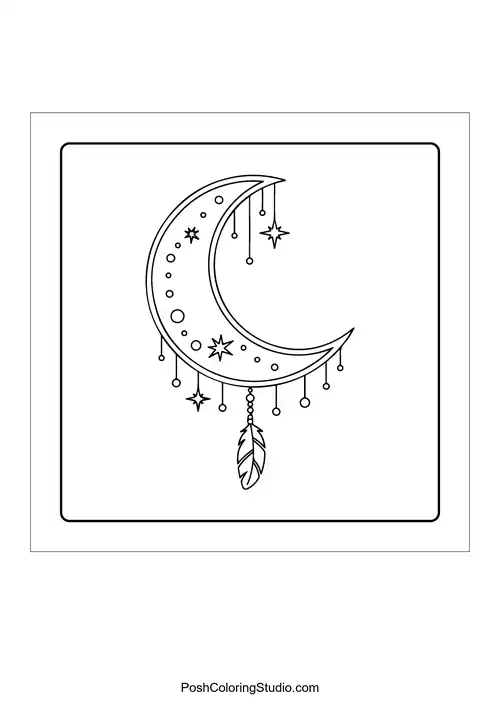 A crescent moon surrounded by stars and patterns.