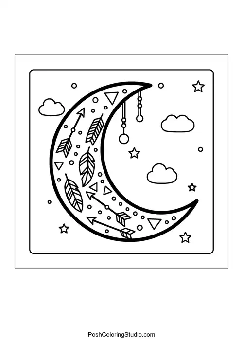 A crescent moon with intricate designs and stars.