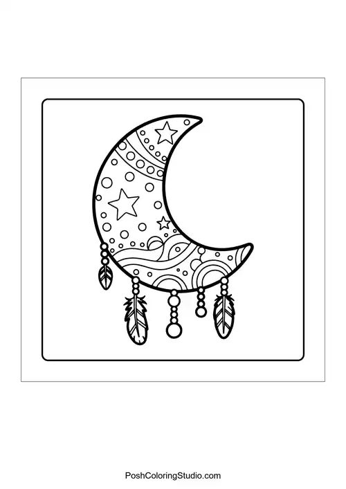 A crescent moon with floral patterns and hanging charms.