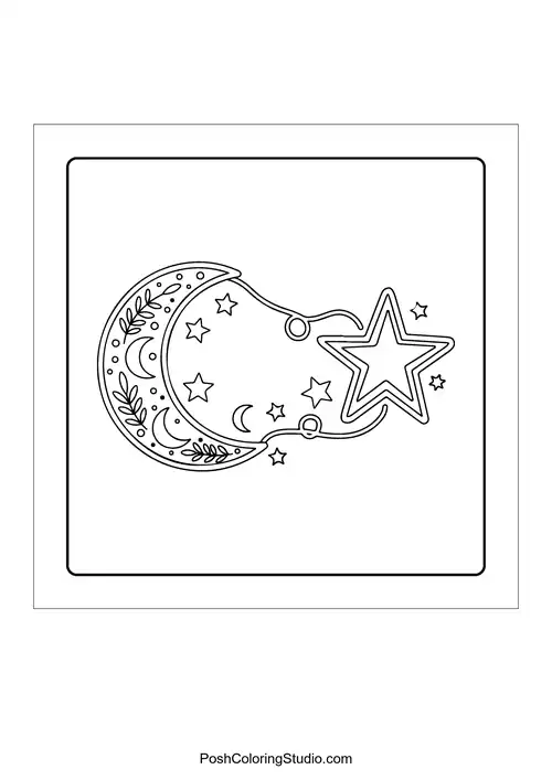 A crescent moon with a face and geometric designs.