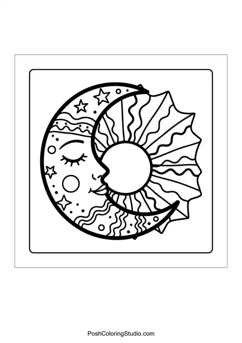 A crescent moon with stars and feathers.