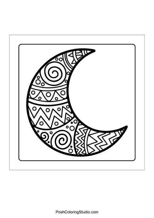 A crescent moon with intricate patterns and swirls.