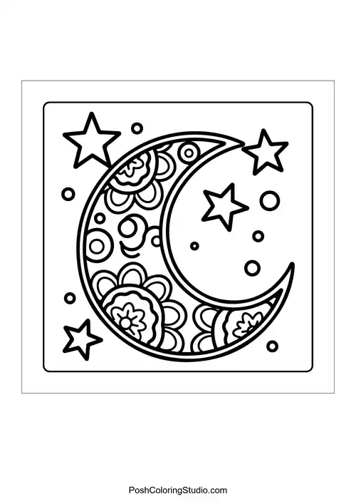 A crescent moon surrounded by flowers and stars.