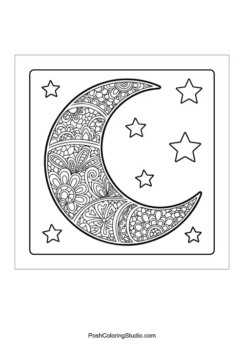 A crescent moon with detailed floral designs and stars.