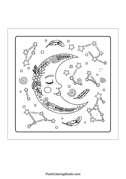 A crescent moon with a face and constellations.