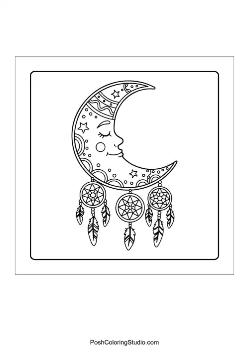 A crescent moon decorated with dreamcatchers.