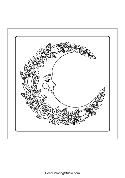 A crescent moon surrounded by flowers and a face.