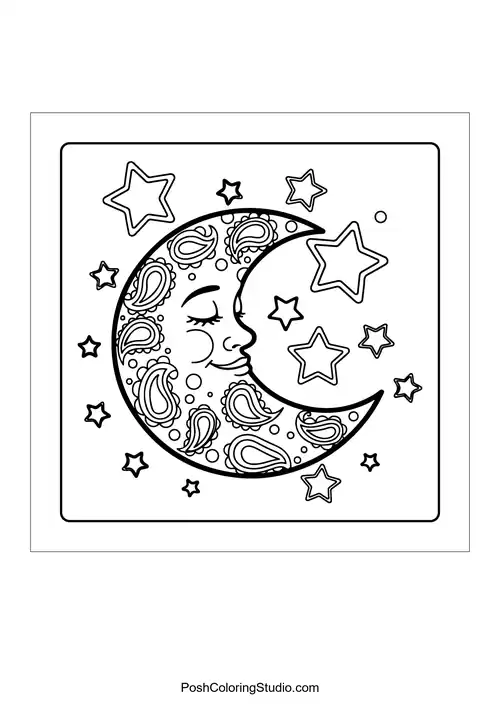 A crescent moon with a face and swirling stars.