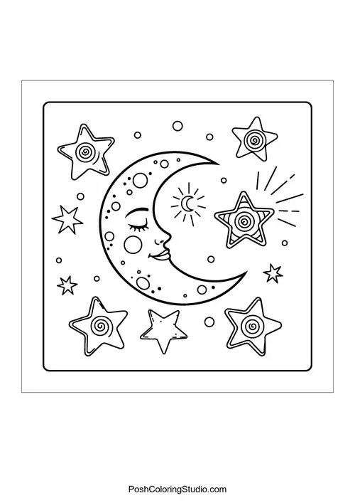 A crescent moon with stars and a sun.