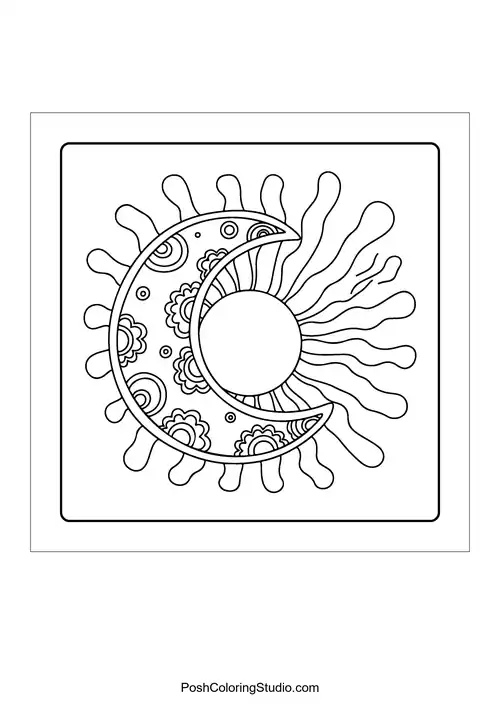 A crescent moon with geometric patterns and leaves.