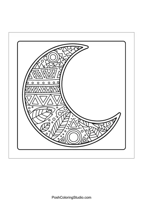 A crescent moon with intricate designs and no details.