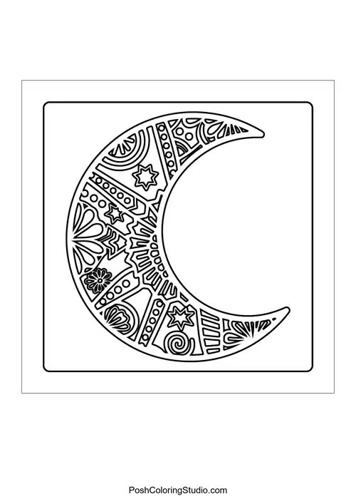A crescent moon with a face and stars.