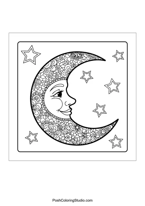 A crescent moon with chains and a face.