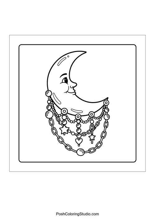 A crescent moon surrounded by flowers and a face.