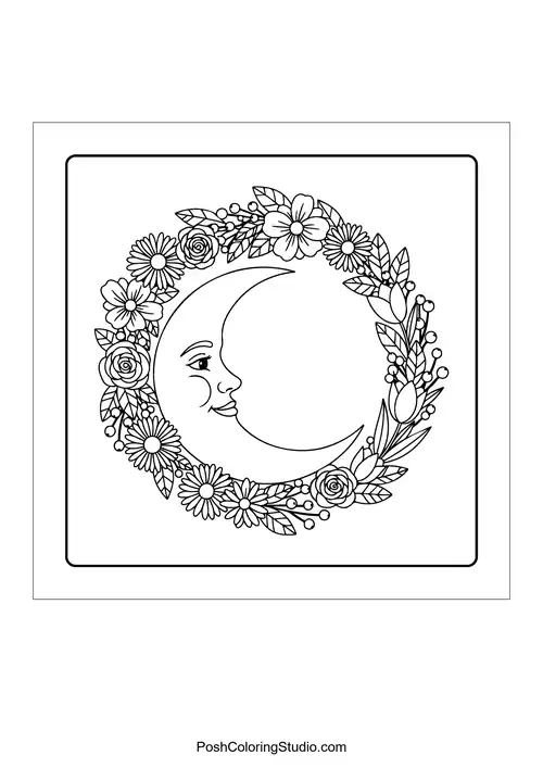 A crescent moon framed by flowers and stars.