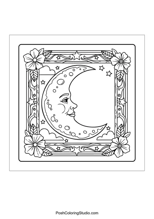 A crescent moon with a face and decorative stars.