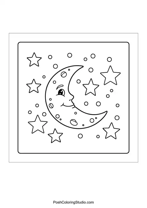 A smiling crescent moon surrounded by stars.