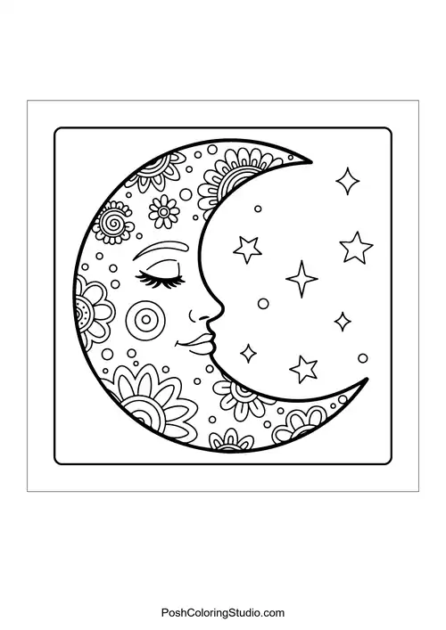 A crescent moon with hanging crystals and stars.