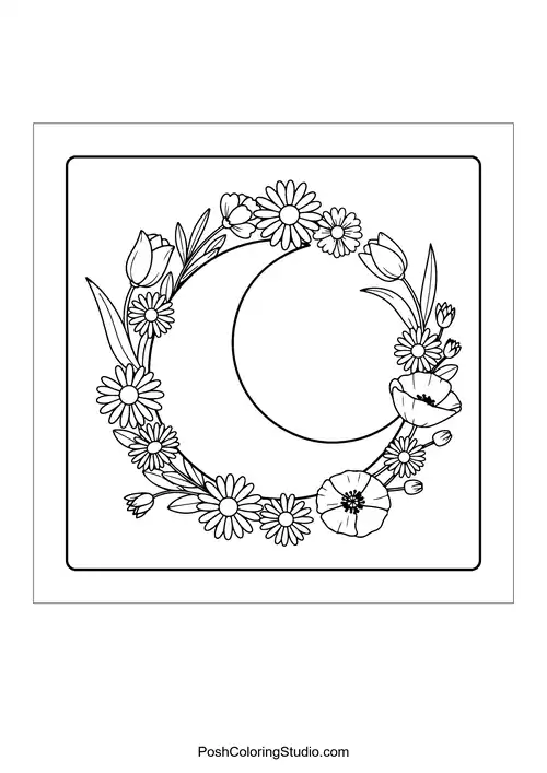 A crescent moon surrounded by flowers and stars.