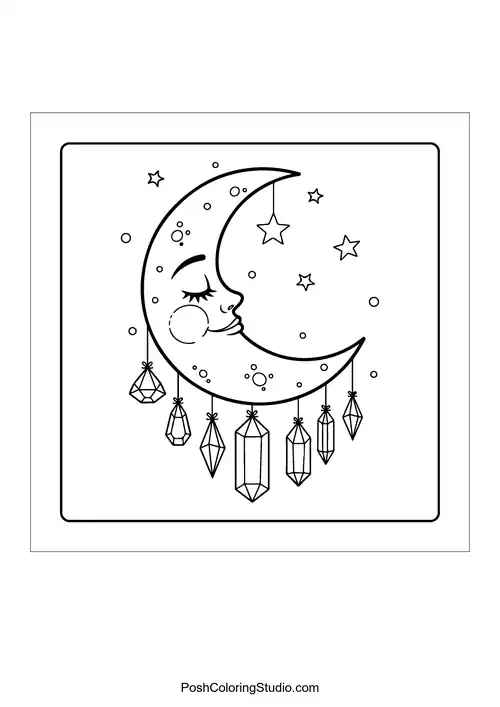 A crescent moon with feathers and stars.