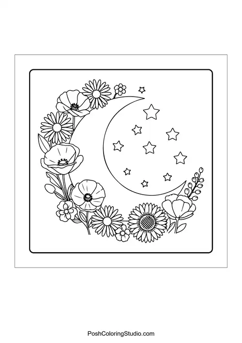 A crescent moon with intricate patterns and a face.