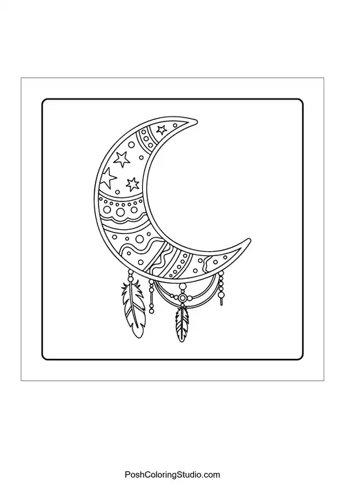 A crescent moon with a face and hanging elements.