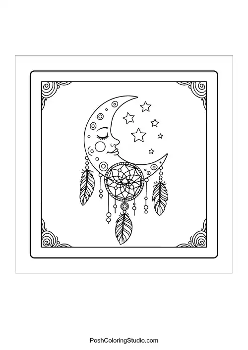 A crescent moon with a face and floral designs.