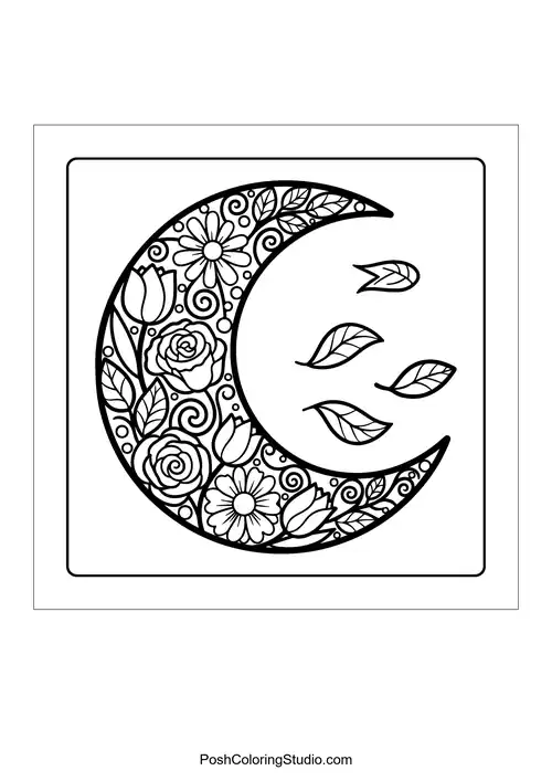 A crescent moon with floral designs and stars.